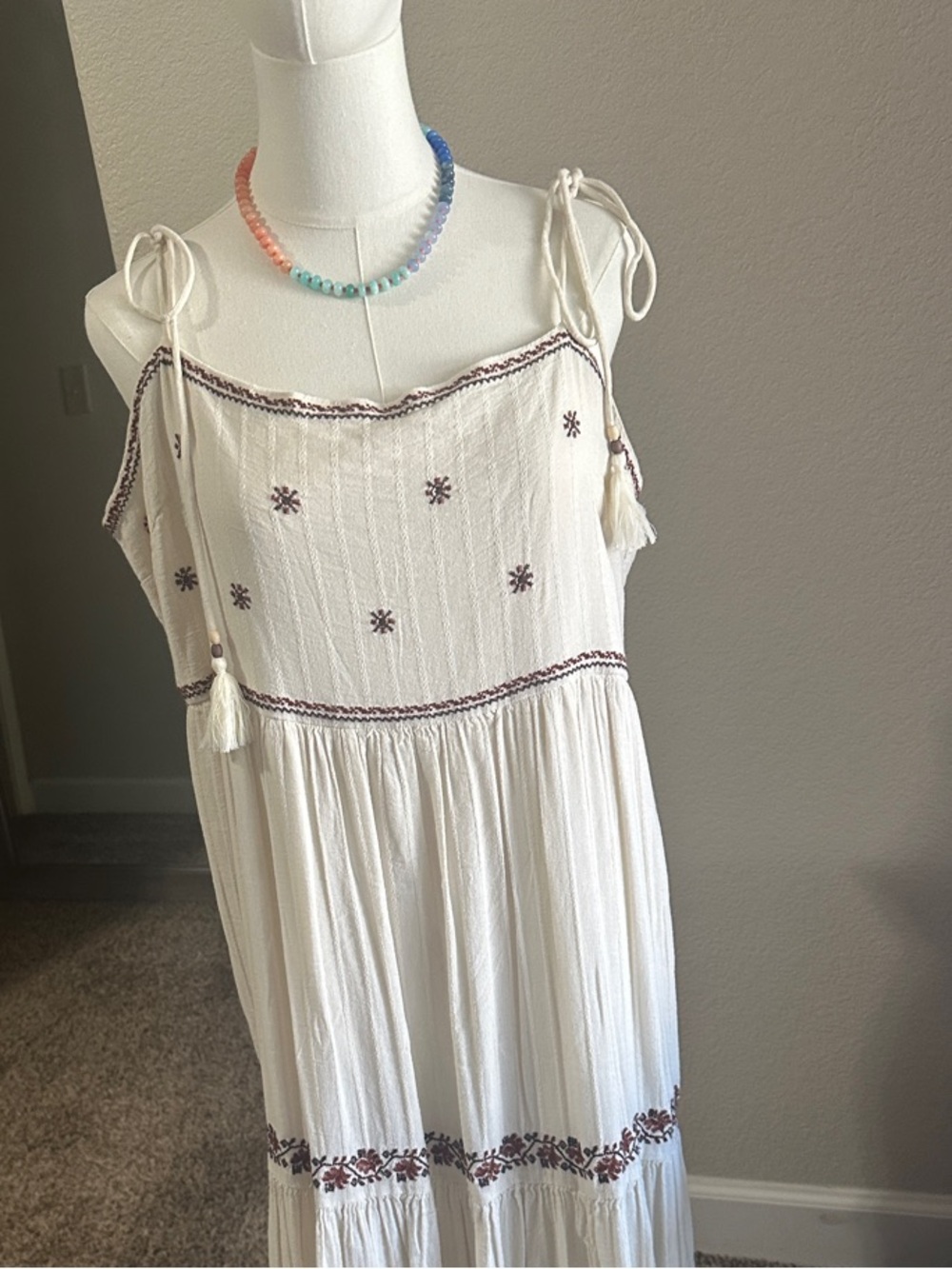 American Eagle Outfitters White Maxi Dress with Brown Embroidery